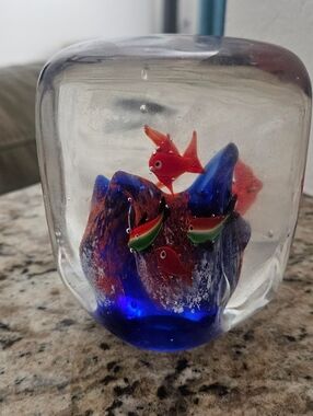 Glass Aquarium Art Sculpture with Blue Base and Red Fish